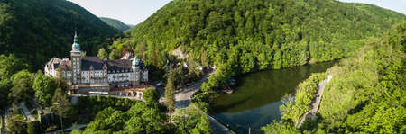 LILLAFURED,HUNGARY - MAY 02,2018 : Aerial view to Lillafured Castle. Lillafured is one of the most beautiful natural environments, near Miskolc in the Eastern part of Bukk Mountains, Hungaryのeditorial素材
