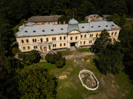 Skole, Ukraine - August 30 2018: Aerial view to baron Groedl neo baroque style palace in Skole early...