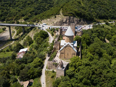 Famous georgian sightseeing - Aerial view to Ananuri castle complex on the Aragvi River in Georgia