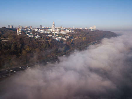 Aerial view Kiev Pechersk Lavra on hills with morning fog, Kyiv, Ukraineの写真素材
