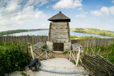 Zaporizhia - Ukraine, MAY 02, 2015: The wooden tower and protective fortifications in Museum of Zaporizhian Cossacks on the island of Khortytsiaのeditorial素材