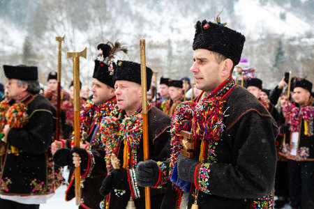 Kryvorivnia, Ukraine - January 7, 2019: Famous hutzulian Koliadnyky of Kryvorivnia singing Christmas...