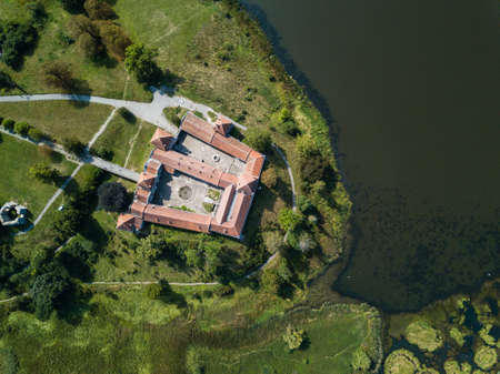 Aerial view to famous ukranian landscape Ruined Svirzh Castle built by Svirzski noble family 15th...