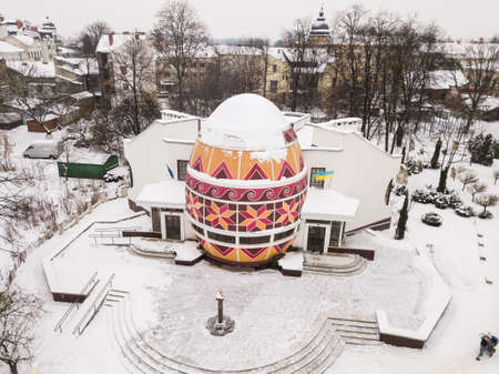 KOLOMYIA, UKRAINE - January 11 2019: Aerial winter top view to Ukrainian Easter painted egg Pysanka Museum, which have a collection of over 12,000 eggsのeditorial素材