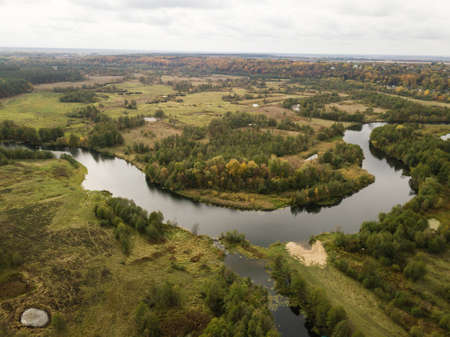 Aerial view of river Snov in autumn near village of Sednev, Chernihiv region, Ukraine.