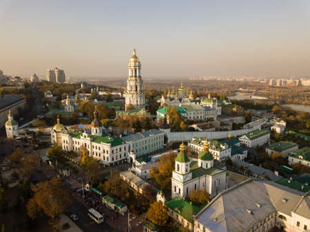 Aerial view to Kyiv Pechersk Lavra at sunset.   Center of Kyiv city with view to Dnipro riverの写真素材
