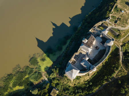 Aerial view medieval fortress in Khotyn town West Ukraine near by Dniestr river