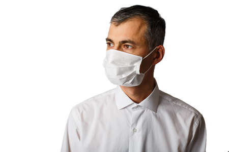 Man in anti-epidemic mask in white shirt isolated on white background