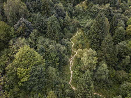 Spectacular aerial view to dirt track road with moutains and forest captured from above, Carpathians mountainsの写真素材