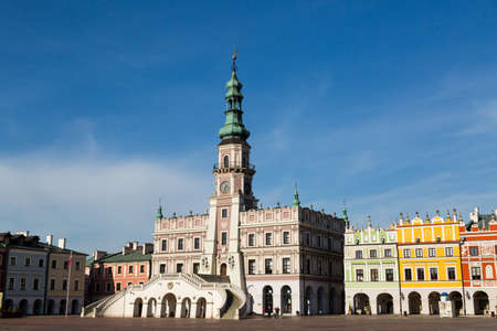 ZAMOSC, POLAND - NOVEMBER 01 2019: Main Town Hall at great market square (Rynek Wielki) in Zamosc...