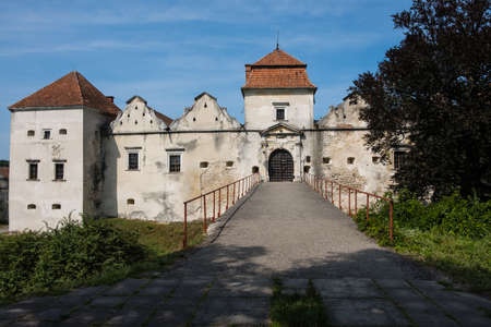 Svirzh, Ukraine - AUGUST 25 2019: Main view to famous ukranian landscape ruined Svirzh Castle built by Svirzski noble family 15th century, Lviv region, Ukraineのeditorial素材