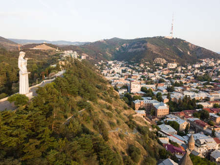 Tbilisi, Georgia - June 16, 2018: Aerial view from drone to Monument Mother of Georgia Kartlis Deda by Georgian sculptor Elguja Amashukeli. Erected on the top of Sololaki hill in 1958.のeditorial素材