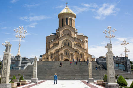 Tbilisi, Georgia - June 20 2018: Main view with steps to Tbilisi Holy Trinity Cathedral commonly known as Sameba main Georgian Orthodox Christian cathedral located in Tbilisi, capital of Georgiaのeditorial素材