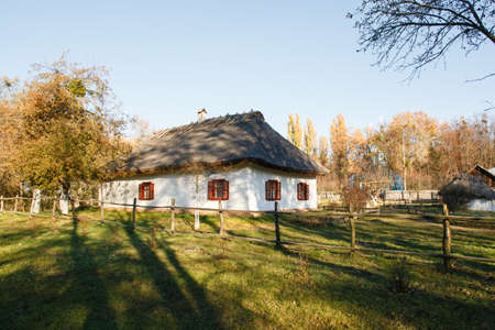Pereyaslav-Khmelnitsky, Ukraine - OCTOBER 31 2015: Reconstruction of an ancient clay house in Pereyaslav-Khmelnitsky Museum of Folk Architecture and Life of the Middle Naddnipryanshchyna , Ukraineのeditorial素材