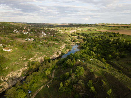 Aerial amazing view to Buky Canyon on sunny day. Buki Canyon on the Hirskyi Tikich river, Cherkassy...