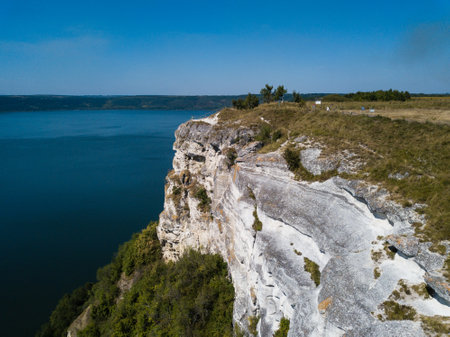 Aerial view to Bakota Cave Monastery in Podilski tovtry National park, Khmelnitskiy region of Western Ukraineの写真素材
