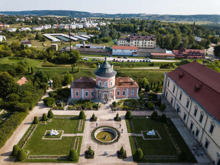 Zolochiv, Ukraine - August 25 2019: Aerial to Beautiful Palace castle and ornamental garden in Lviv region, Ukraine. The owner of the castle was Jacob Sobesski father of King of Poland Jan III Sobieskiのeditorial素材