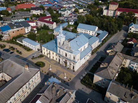 Aerial view to Church of the Assumption of Blessed Virgin Mary and center of historical city...