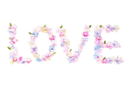 flower letters. The word love made from hydrangea flowers on a white background isolated