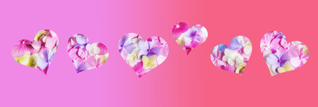 Silhouettes of hearts from a floral background on a hot pink background. Banner.