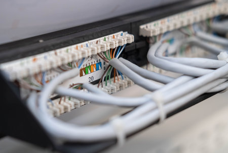 Connector with gray cables. Blur and selective focus. blurred foreground