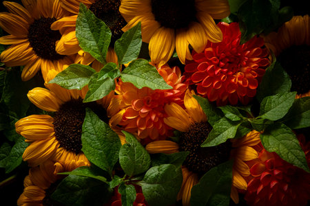 Colorful arrangement of sunflowers and dahlias with green leave on a black background. Top view