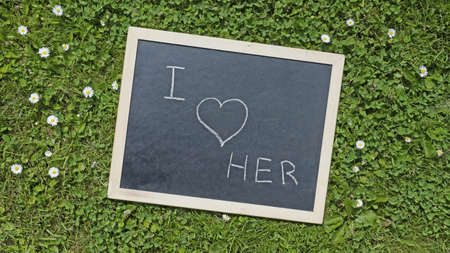 I love her written on a chalkboard in the parkの写真素材