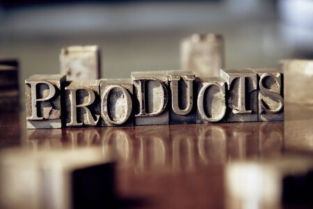 the word "PRODUCTS" composed out of old printer's blocksの写真素材