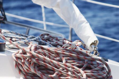 Detail of rope on deck of sailboat.