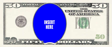 clean unmarked fifty dollar bill with CLIPPIMG PATH in the oval to insert your own graphicsの写真素材