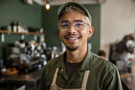 Testimonial style portrait of a young barista teenager with bleached hair, nose ring and glasses, smiling and looking at the cameraの素材
