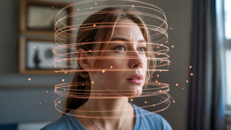 caucasiam woman looking into distance with an empty gaze with swirling lines and particles representing confusion and thoughts swirling around her headの素材