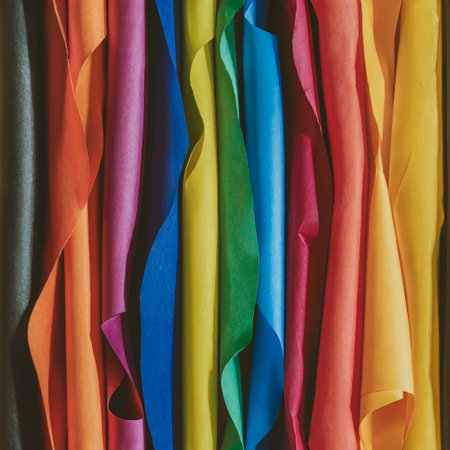 Seamless repeating bakcground pattern of rolled multi colored sheets of art paper.の素材