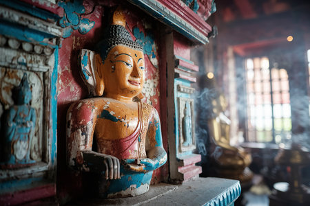 A cinematic shot of a colorful painted wooden statue of Buddha carved into an alter in a temple. The statue has a weathered paint with visible cracks and some peeling. The background contains intricate temple architecture. The lighting is soft, with morning light visible through the light smoke from incense.の素材