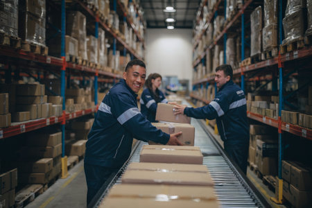 Team of warehouse employees moving boxes along a conveyor belt. Bright, collaborative mood reflects teamwork, efficiency, and modern business logistics for shipping and production.の素材