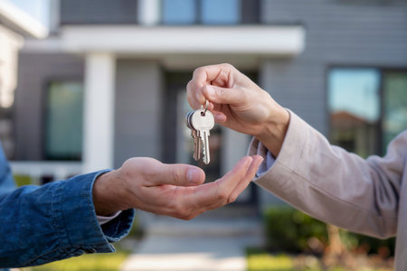 close up of two peoples hands handing over a set of house keys with new contemporary home visible in the background. Keys in hand concept.の素材
