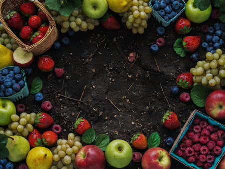 frame composition of fresh ripe fruit arranged around the egdes to form a frame with rich dirt in the middle for copy space.の素材