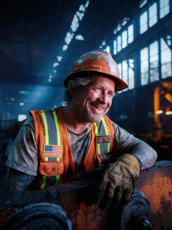dusty factory building scene with a candid lifestyle portrait of a caucasian man taking a break from work. The Heavy industry worker is looking to the side and smiling. He is wearing a hard hat and an orange reflective vest with American Flag patch. Overall grunge and sudty industrial Factory setting with natural sunlight coming in through the factory windows.の素材