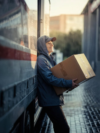 Candid lifestyle portrait of a package currier holding a large box whle leaning against delivery truck and smiling as rain stops and sunlight illuminates her face.の素材