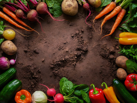 Overhead view of  earth with unwashed vegetables such as carrots, beets, potatoes, tomato, spinach, radish, peppers, cucumbers scattered around the edges of the composition. The center of the image is blank. The Veggies around the border of this composition are ripe and have a magical feel.の素材
