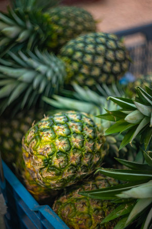 close up on a pile of fresh pineapples in a blue crate at a local farmers market
