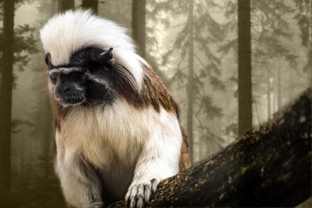The monkey is sitting on a branch, and there is a forest in the background. The colors of the...