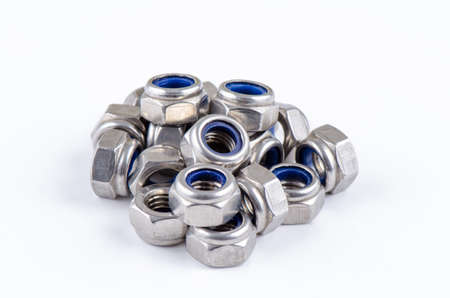 Set metal Hex Nut with Nylon Insert isolated on white background