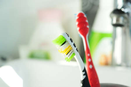 Toothbrushes in the bathroomの写真素材