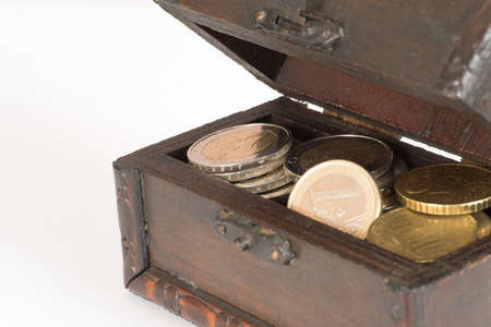 A treasure chest full of Euro coinsの写真素材