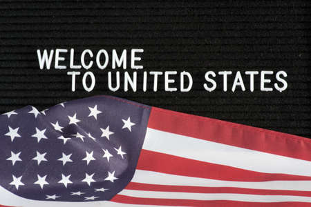 Flag of USA and slogan Welcome to United States of Americaの写真素材