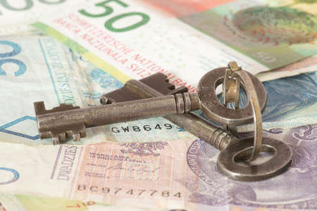 A key, and banknotes Polish zloty and Swiss francsの写真素材