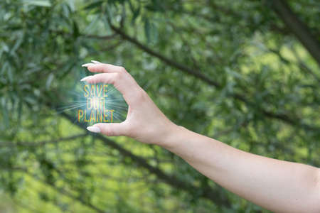 A woman and slogan Save Our Planet