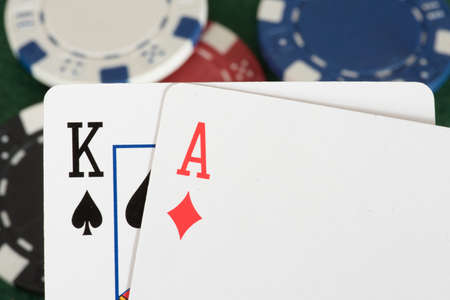 Cards, blackjack and chips in a casino