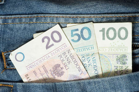 Banknotes Polish zloty PLN in trouser pocketの写真素材